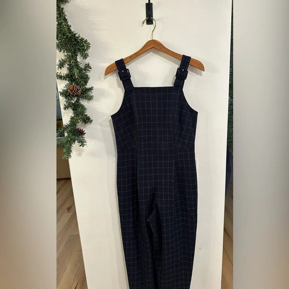 Club Monaco Self Buckle Women’s Check Crop Jumpsuit Navy Size 10 Retail $289 - Picture 9 of 9